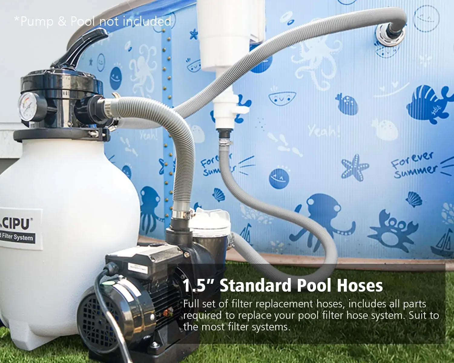CIPU pool pump and filter connection installed beside an above-ground pool