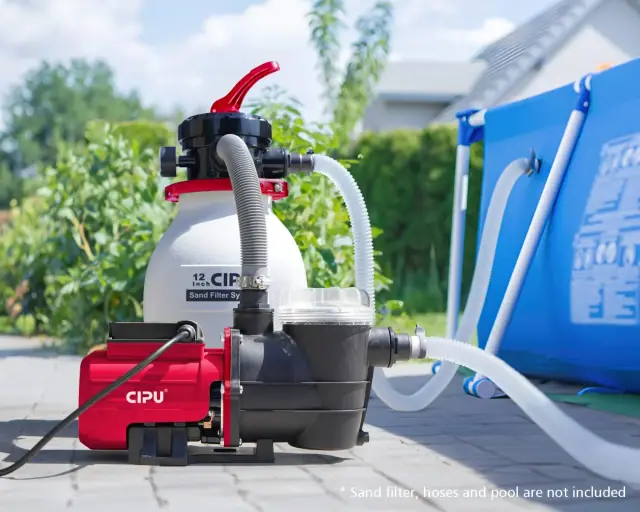 CIPU 1/2 HP pool pump with timer beside an above-ground pool
