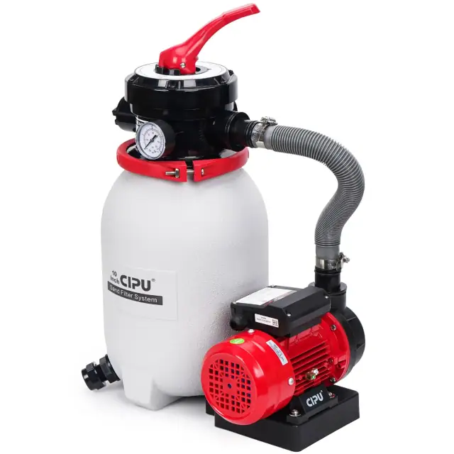 CIPU 10-inch sand filter pump system with red motor and four-way valve